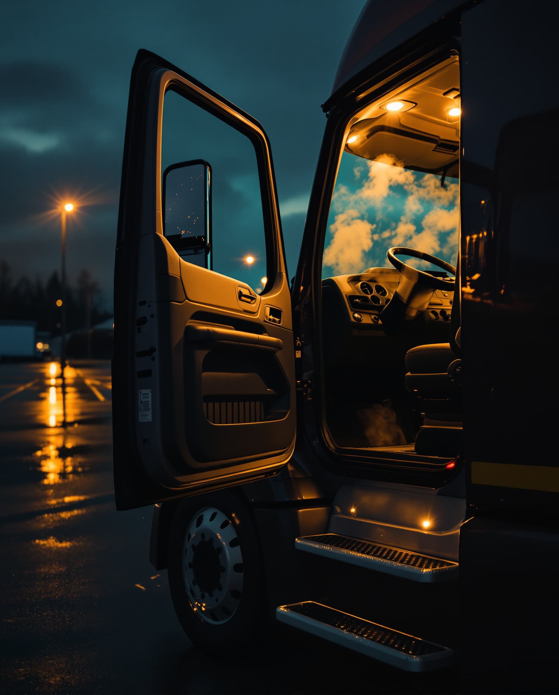 The open door of a truck cab at dawn in a quiet yard, warm light spilling out